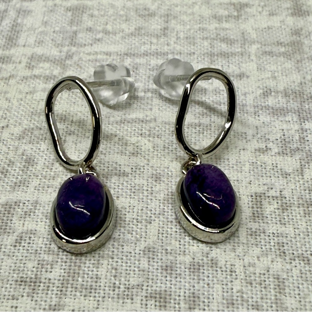 New Sterling Silver & Natural Charoite Dangle Earrings 💜 - Picture 2 of 3